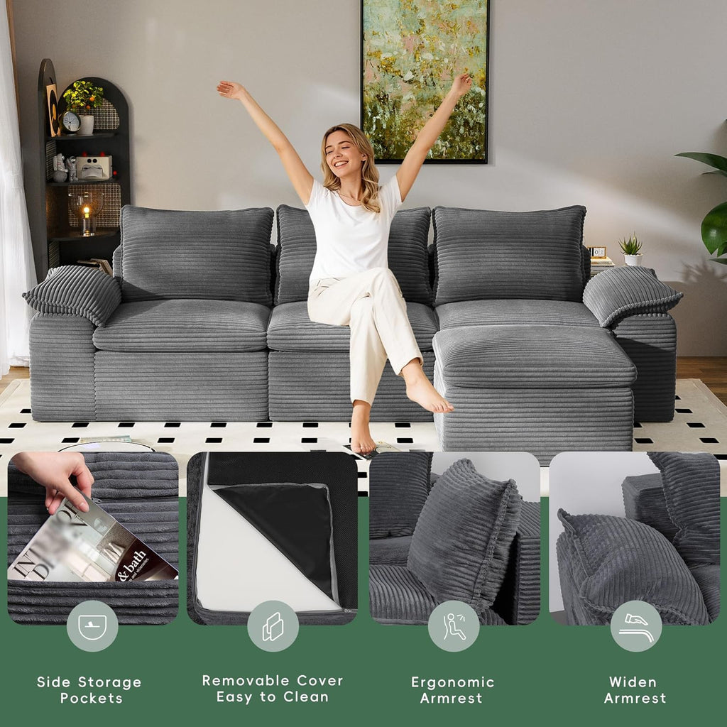 104" Cloud Sectional Couch, Boneless Couches for Living Room, L Shaped Couch with Ottoman, Modular Sectional Sofa with Deep Seat, Modern Boneless Sofa for Living Room, No Assembly (Grey, L-Shaped)