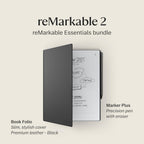 reMarkable Essentials Bundle - Leather Folio | reMarkable 2 Paper Tablet | Black and White 10.3'' Writing Tablet  Marker Plus Pen with Built-in Eraser and Book Folio Case in Black Premium Leather