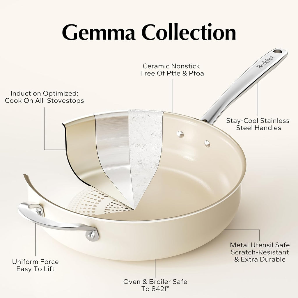 Redchef Cooking Pot Set Induction 5Qt, Saucepan Set 2.5/3.5Qt, 5QT Ceramic Saute Pan with Lid, Compatible All Cooktops, PTFE PFAS Free (Beige)