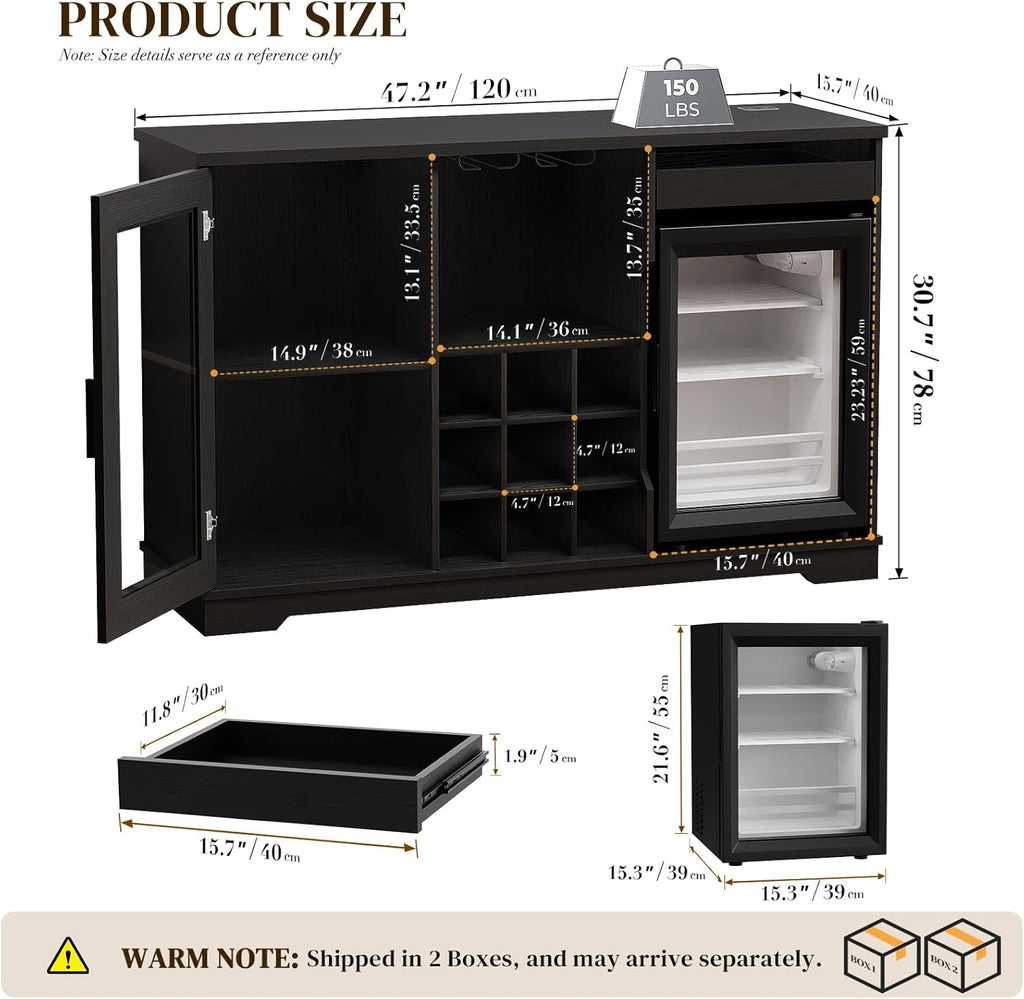 Coffee Bar Cabinet with Fridge (Fridge Included), Large Liquor Bar Cabinet with LED Lights, Glass Holder & Wine Rack, Wine Cabinet with Human Body Sensor, Buffet Sideboard for Home, Black
