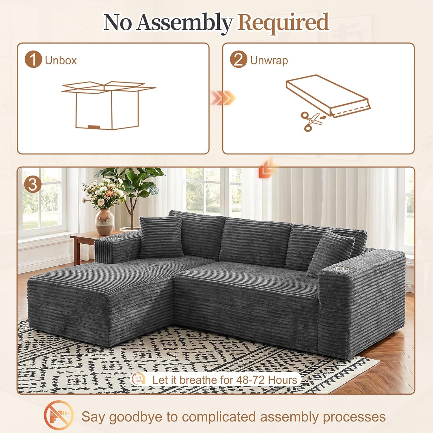 Vongrasig 103" Boneless Couches for Living Room,Sectional Couches Modular Sofa with L-Shaped Chaise, Memory Foam Comfy Cloud Couch with Plush Corduroy Fabric, No Assembly Required, Dark Grey