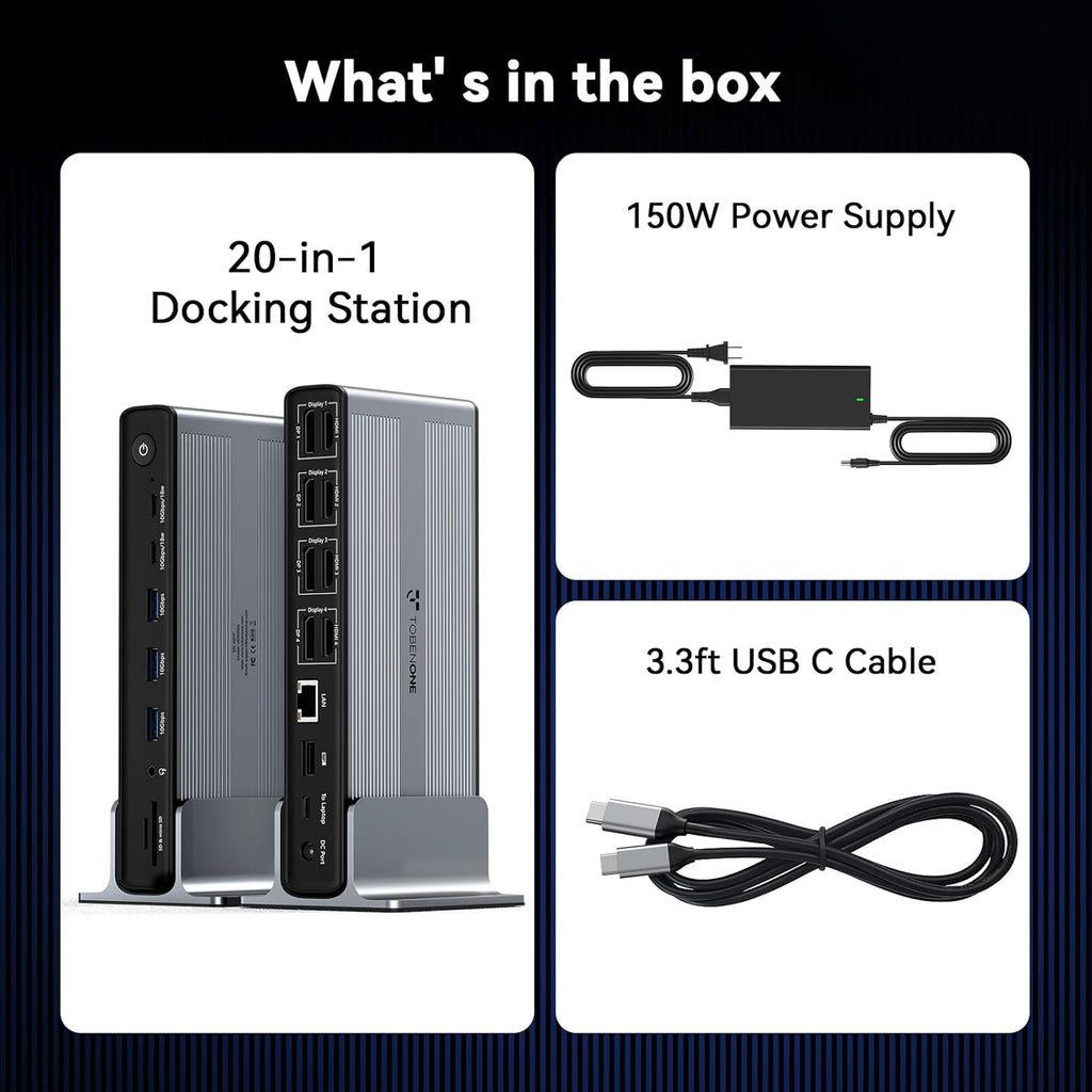 TobenONE DisplayLink Docking Station 4 Monitors  20-in-1 Quad 4K@60Hz HDMI Display with 150W Power Supply for Thunderbolt 5/4/3  USB-C Windows Chrome  MacBook/Mac mini(6 USB  Ethernet  SD/Micro SD)