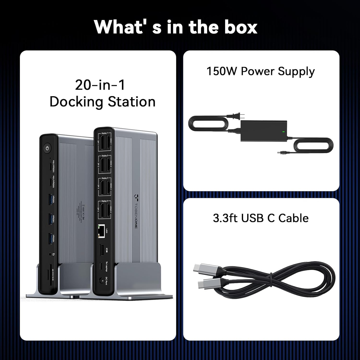 TobenONE DisplayLink Docking Station 4 Monitors  20-in-1 Quad 4K@60Hz HDMI Display with 150W Power Supply for Thunderbolt 5/4/3  USB-C Windows Chrome  MacBook/Mac mini(6 USB  Ethernet  SD/Micro SD)