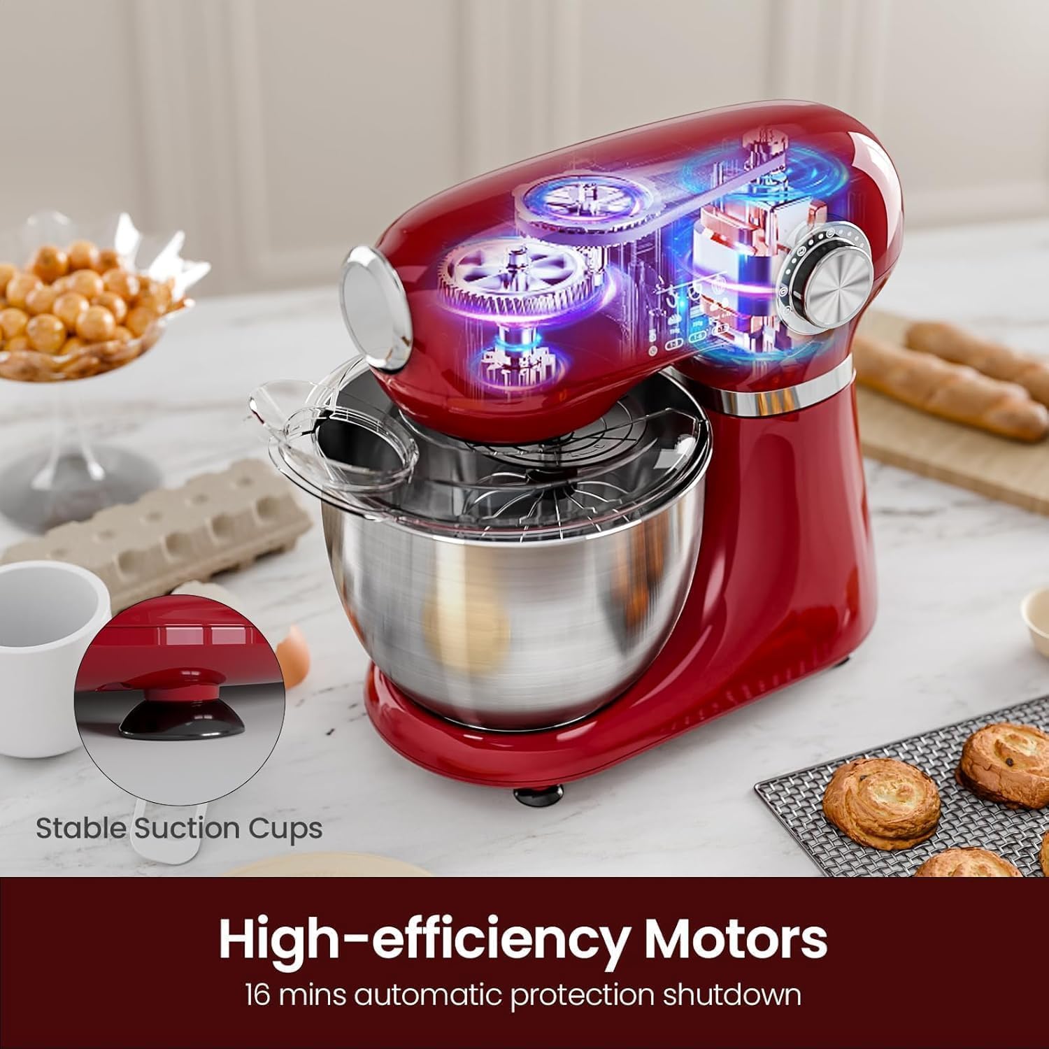 Kismile 5.5QT Tilt-Head Stand Mixer, 12-Speed Electric Mixer with 304 Stainless Steel Bowl - Includes Whisk, Dough Hook, Beater for Baking Bread, Cakes, Cookies（Red）