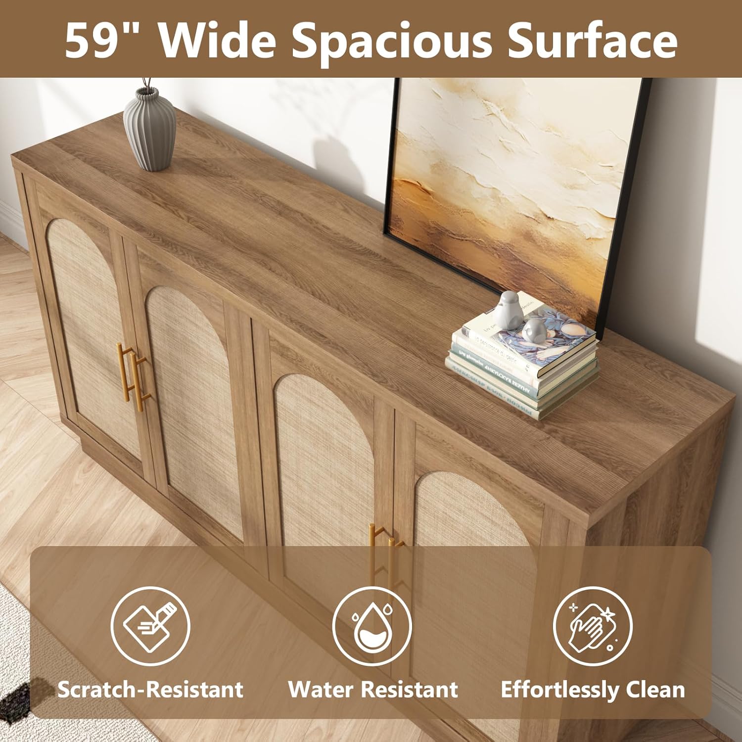 59-Inch Rattan Sideboard Buffet Cabinet, Farmhouse Storage Cabinets with Adjustable Shelves & 4 Arched Doors, Boho Credenza Coffee Bar Cabinet for Kitchen, Living Room, Entryway