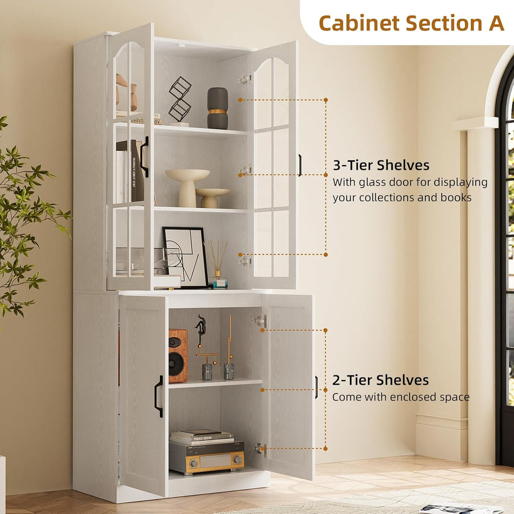 TUSY 71" Tall Bookcase with Glass Door, 6-Tier Modern Bookshelf with Drawer, 23.6" Wide Storage Cabinet with Countertop, Freestanding Display Cabinet for Living Room, Home Office (AEA)