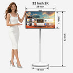 32" 2K Smart Portable TV  Rolling Android Tablet on Wheels  Touchscreen Monitor  Rechargeable Battery  Full Swivel Rotation  20W Audio Snap-on Camera