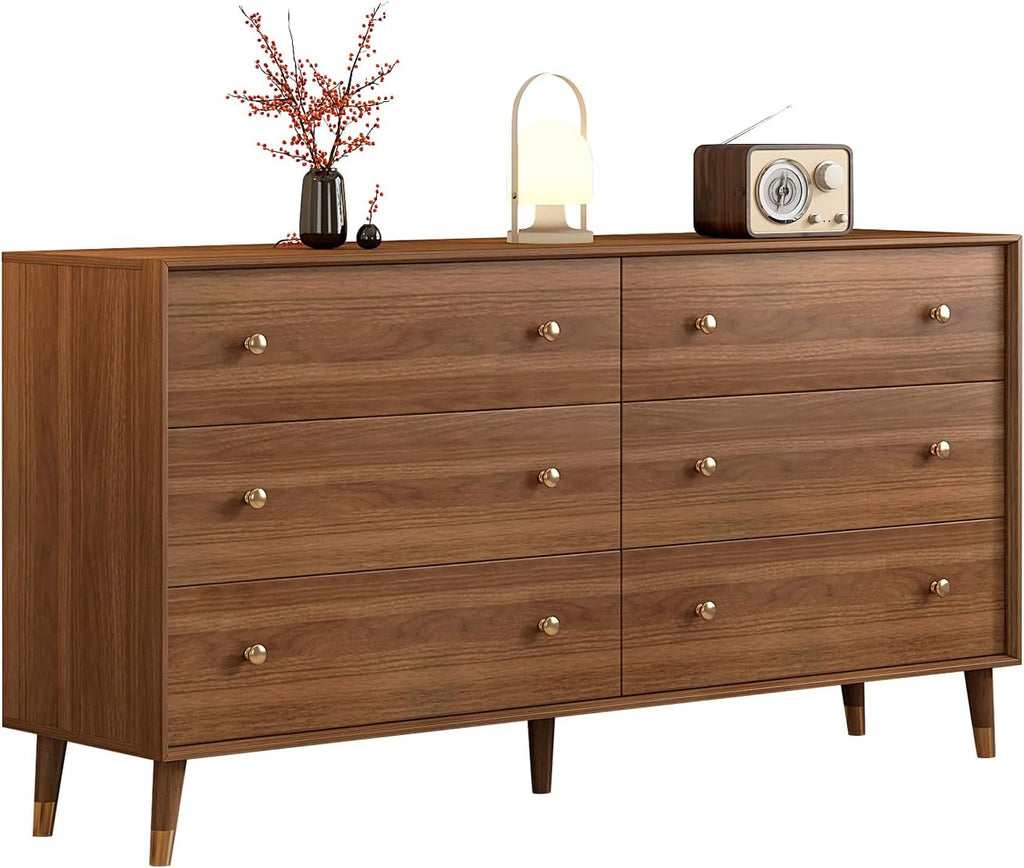 6 Drawer Dresser for Bedroom, 55 Inch Walnut Dresser for Closet, Mid Century Wood Chest of Drawers with Natural Texture & Pre-Embedded Slots for TV Stand, Living Room, Hallway, Office