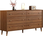 6 Drawer Dresser for Bedroom, 55 Inch Walnut Dresser for Closet, Mid Century Wood Chest of Drawers with Natural Texture & Pre-Embedded Slots for TV Stand, Living Room, Hallway, Office
