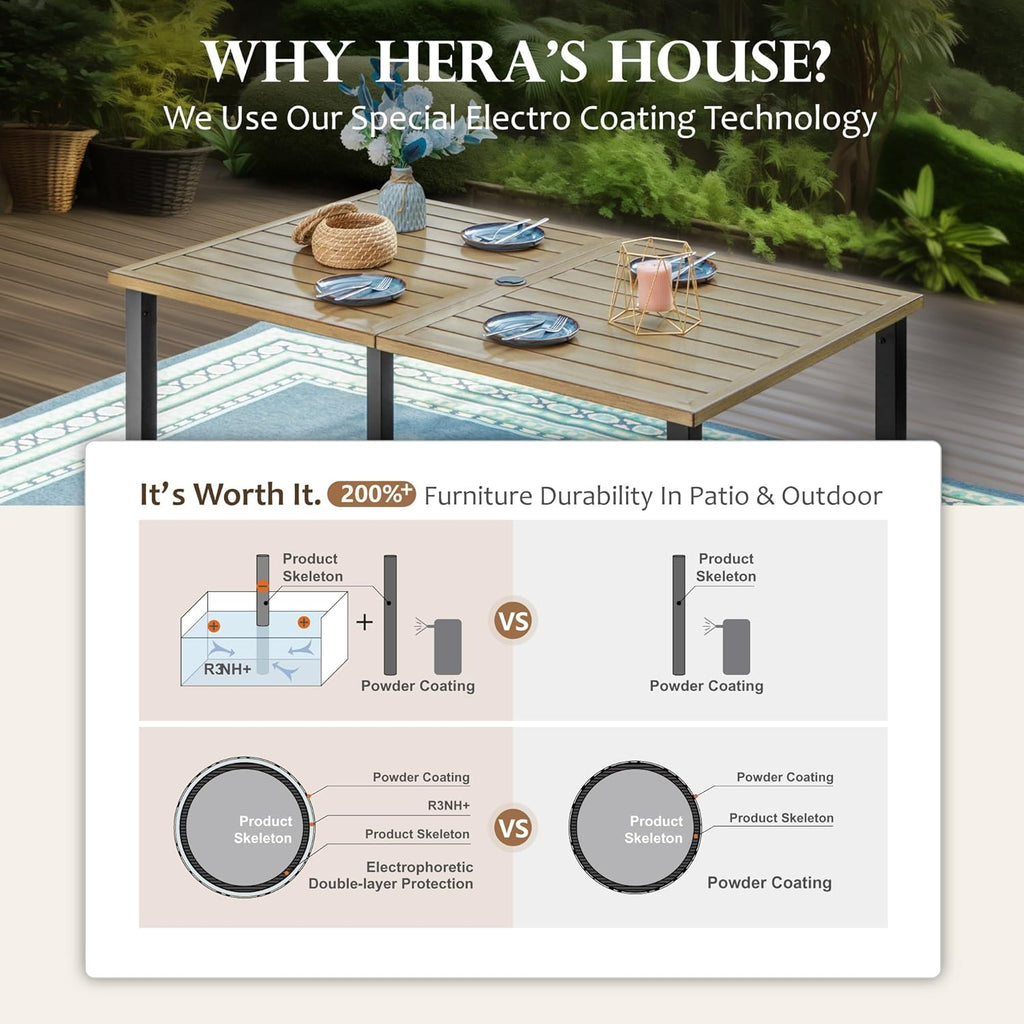 HERA'S HOUSE Outdoor Dining Table for 6, Rectangular Metal Patio Table with Umbrella Hole, 6-Person Weather Resistant Wood-Like Steel Slat Table for Lawn Garden Backyard, L60 xW36 xH29