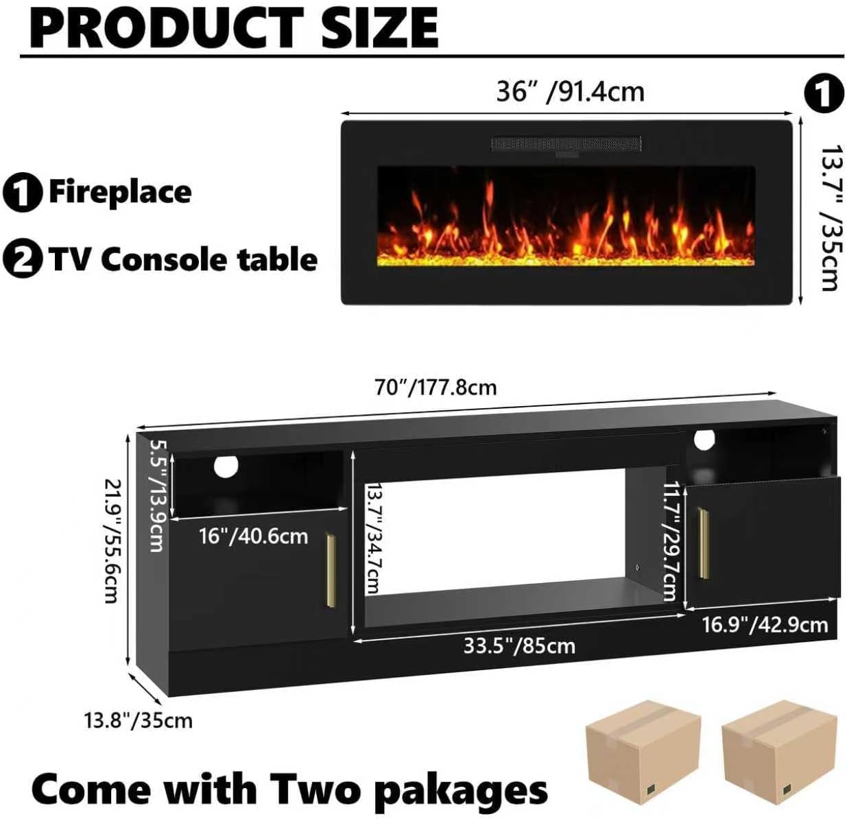 Fireplace TV Stand with 36'' Electric Fireplace, 70'' TV Media Entertainment Center with Fireplace Up to 80 inch,Modern LED TV Console for Living Room (Black with Black Fireplace)