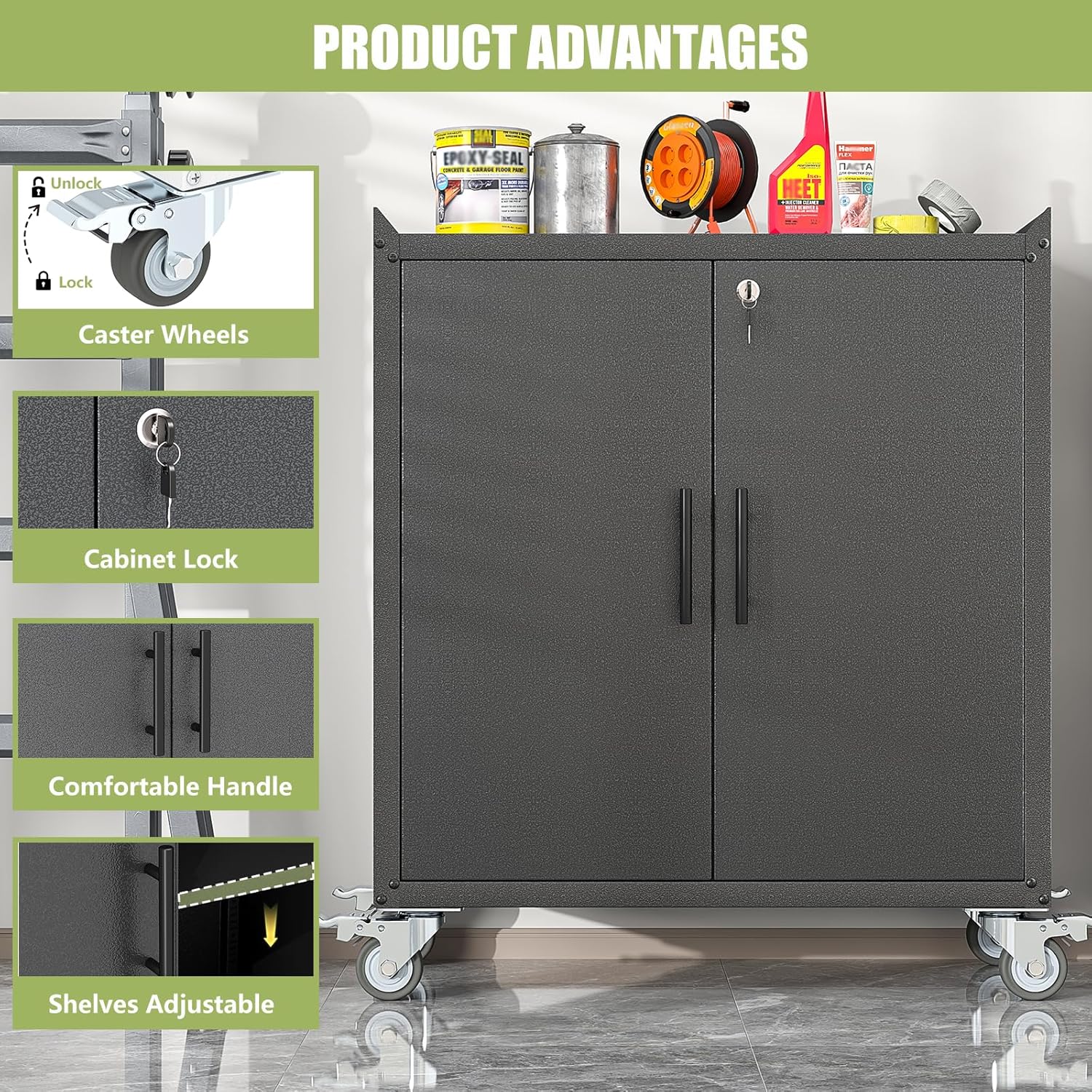 Metal Storage Cabinet with Wheels,Rolling Tool Cabinets with Doors and Adjustable Shelves,Lockable Garage Storage Cabinet,Heavy Duty Tool Chest for Home Office Utility Room,Assembly Required