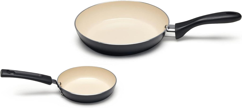 Amazon Basics 11-Piece Ceramic Non-Stick Pots and Pans Set, Dishwasher & Oven Safe, Easy Clean, Glass Lids, Black/Cream