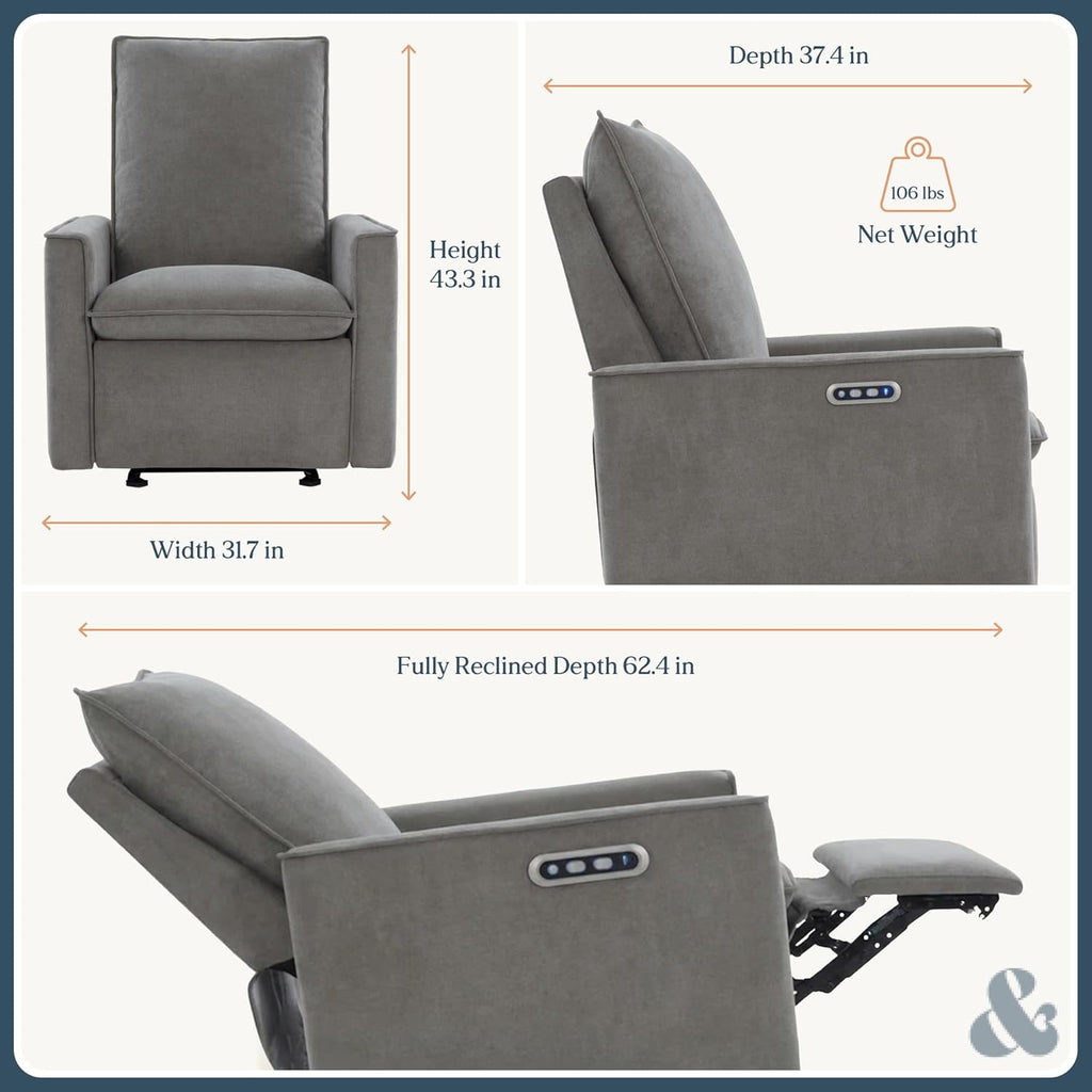 Nurture& Montauk Power Glider Recliner – Premium Nursery Recliner Chair with USB‑A/C, Adjustable Headrest & Gentle Glide, Stain‑Resistant Upholstery, Comfortable & Space‑Smart, Gray