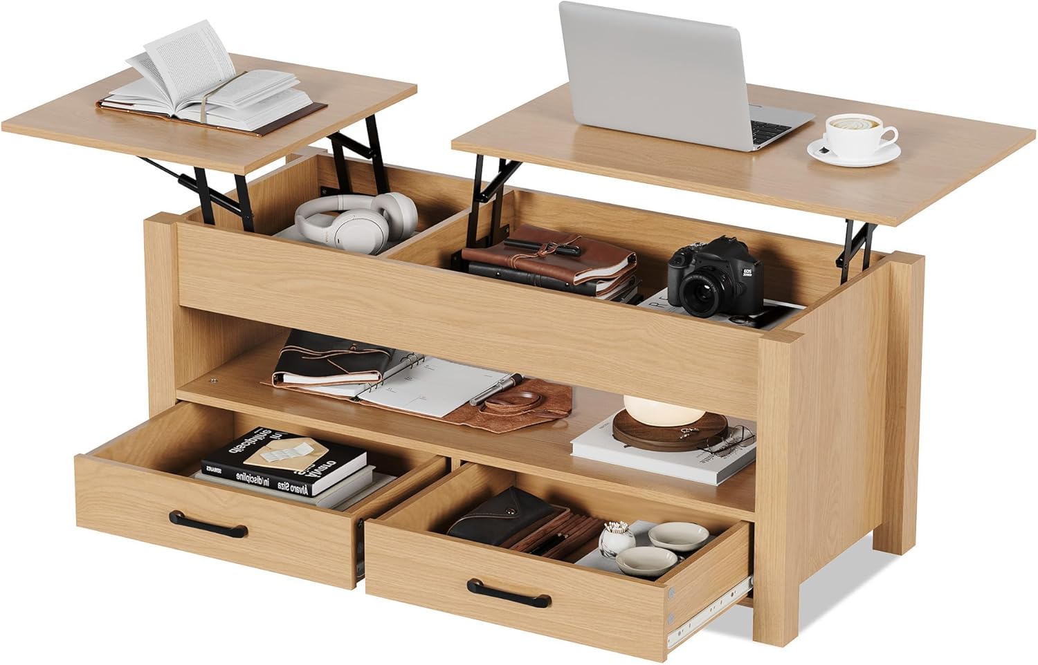 GarveeHome Coffee Table Lift Top, Convertible Coffee Table with Wooden Lift Tabletop, 2 Drawers and Hidden Compartment, Central Table with Storage for Living Room Home Office, Natural