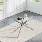 Modern Dining Table for 6 People, 60" Rectangle Dining Room Table with Silver Chrome Metal X-Base, Rectangular Tempered Glass Dining Table, Kitchen Dining Room Tables Luxury Dinner Table