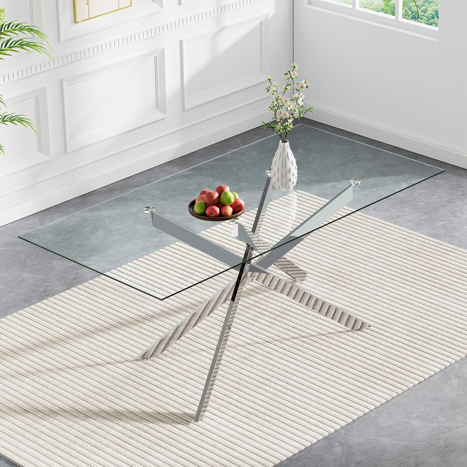 Modern Dining Table for 6 People, 60" Rectangle Dining Room Table with Silver Chrome Metal X-Base, Rectangular Tempered Glass Dining Table, Kitchen Dining Room Tables Luxury Dinner Table