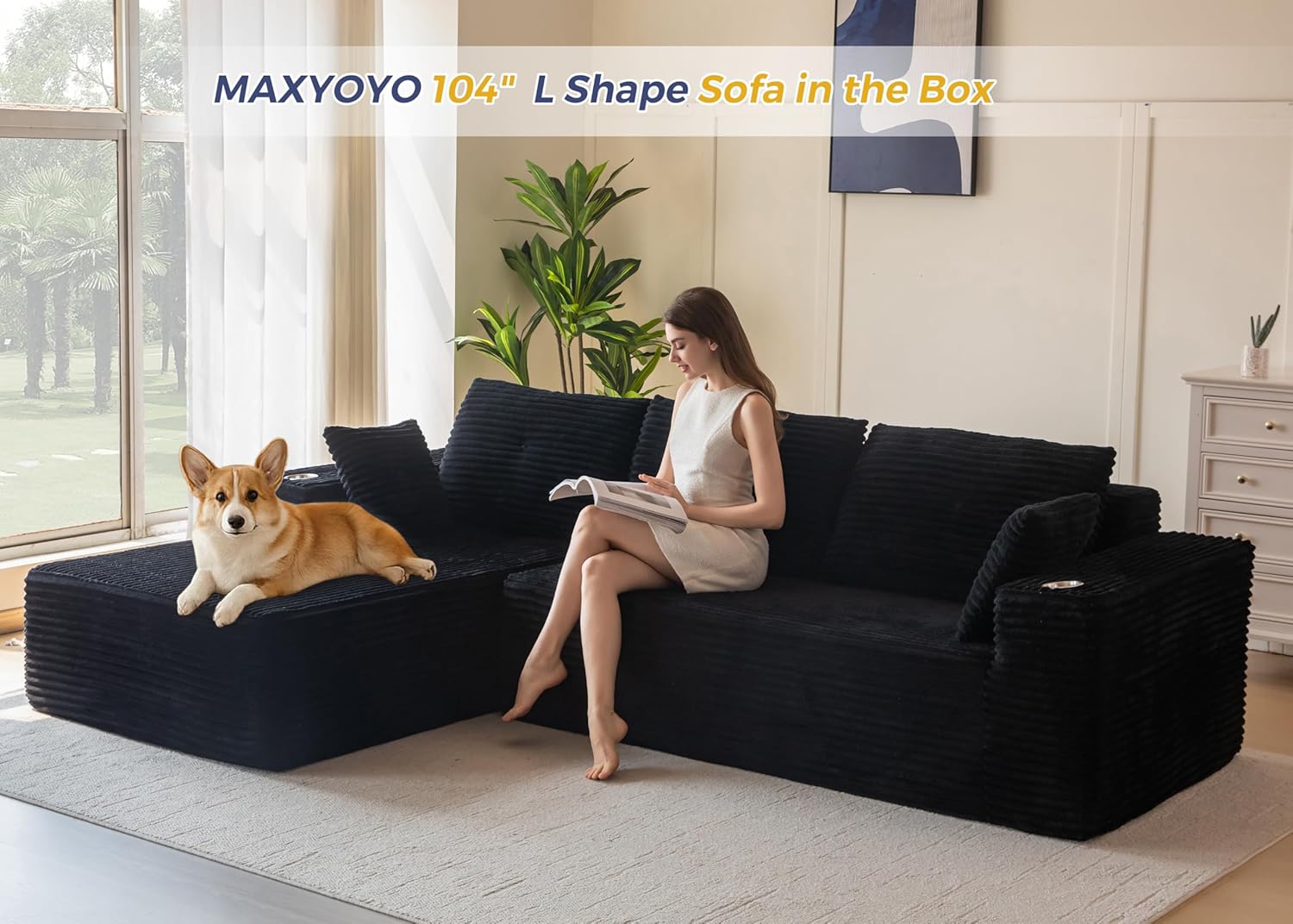 MAXYOYO 104" Modular Sectional Couch with L-Shape Chaise, Modern Boneless Couch for Living Room, Sofa in A Box, Oversized Sofa Sleeper with Deep Seat, No Assembly Required, Black