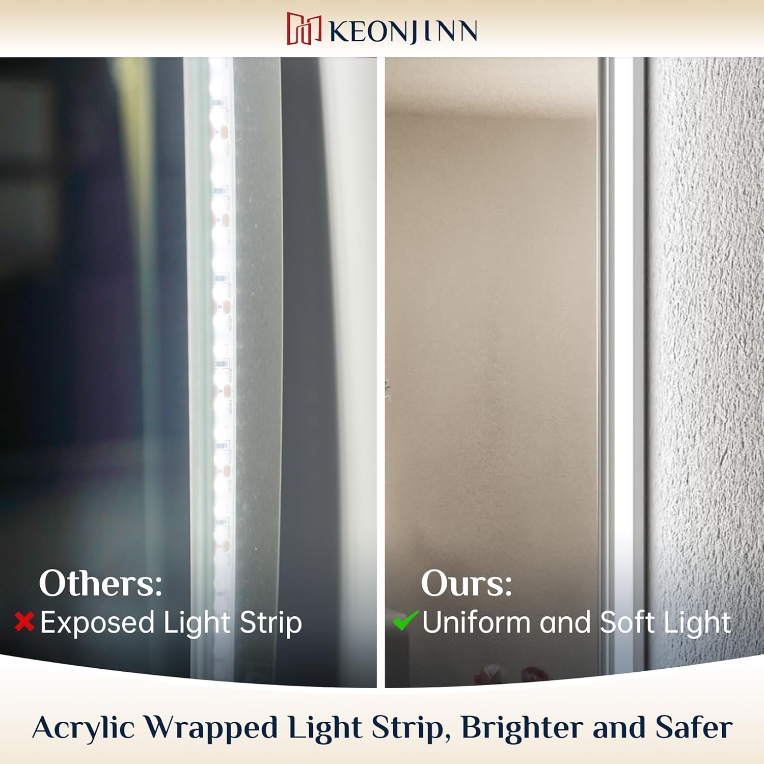 Keonjinn 60" x 36: Lighted Bathroom Mirror, Large LED Backlit Miroor, 3 Colors Lights Warm/Natural/White, HD Tempered Glass, Safe Anti-Fog, Dimmable, Oversinzed LED Bathroom Mirrors