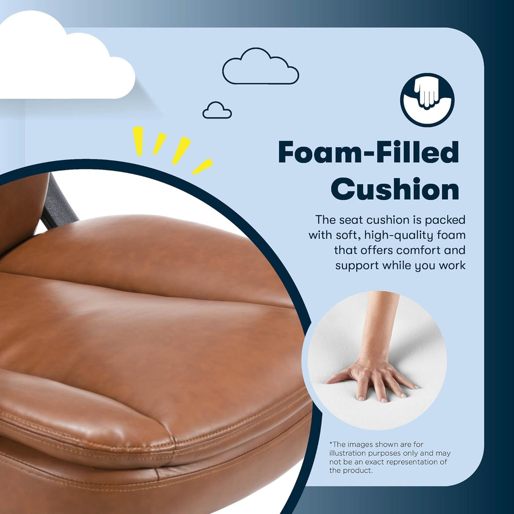 Serta Comfort Ergo Executive Office Chair, Ergonomic Mid-Back Design with Lumbar Support, Semi-Plush Double-Layer Seat Cushion, Padded Armrests, Swivel Metal Base, Bonded Leather, Cognac
