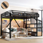Bellemave Queen Loft Bed with Stairs and Built-in Wardrobe, Metal Loft Bed Frame with Storage Shelves, Heavy Duty Loft Beds with USB Ports and LED Lights for Adults, Boys, Girls, Teens, Natural Wood