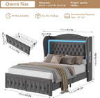 Queen Bed Frame 55" Tall Headboard with LED Lights, Buttons Tufted Velvet Upholstered Platform Bed Frame with 2 Storage Drawers, Wood Slats Support Mattress Foundation, No Box Spring Needed, Grey