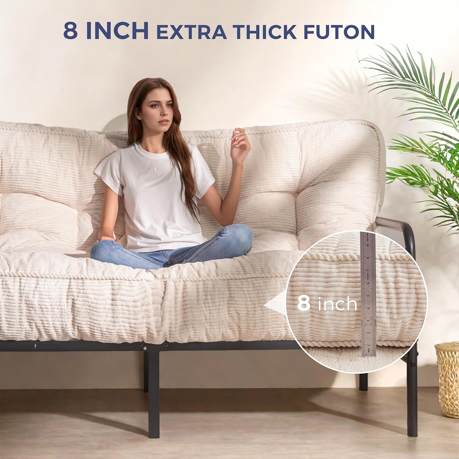 MAXYOYO 8" Futon Mattress Full Size, Ultra Thick Futons Sofa Couch Tufted Sleeper Sofa MAt, Floor Mattress for Adults, Shredded Foam Filling (Frame Not Included), Beige