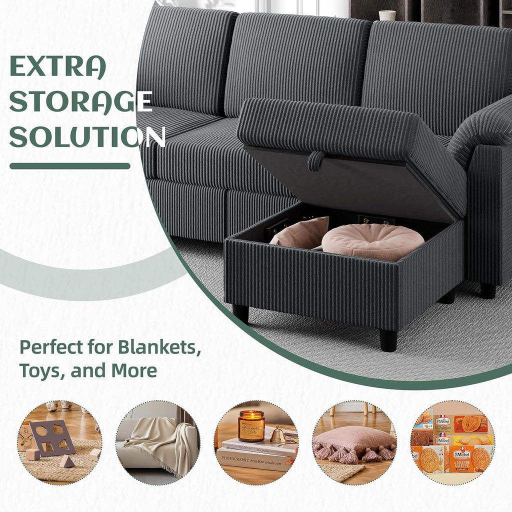 Vongrasig Convertible Sectional Sofa Couch, 3 Seat L Shaped Sofa with Removable Pillows Soft Corduroy Fabric Small Couch Mid Century for Living Room, Apartment and Office (Gray)