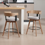 LukeAlon Linen Upholstered Counter Stools Set of 2, 360° Swivel Wooden Kitchen Stools with Wood Full Back Mid Century 26.25" Seat Height Low Barstools for Dining Room Kitchen Island, Grey