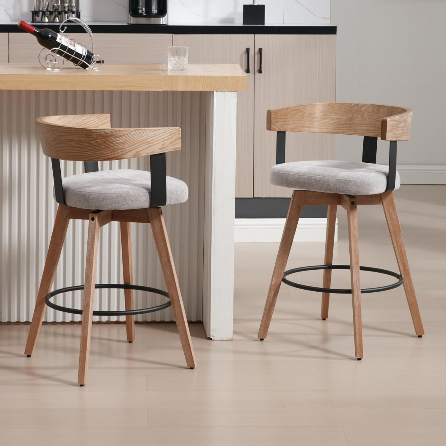 LukeAlon Linen Upholstered Counter Stools Set of 2, 360° Swivel Wooden Kitchen Stools with Wood Full Back Mid Century 26.25" Seat Height Low Barstools for Dining Room Kitchen Island, Grey