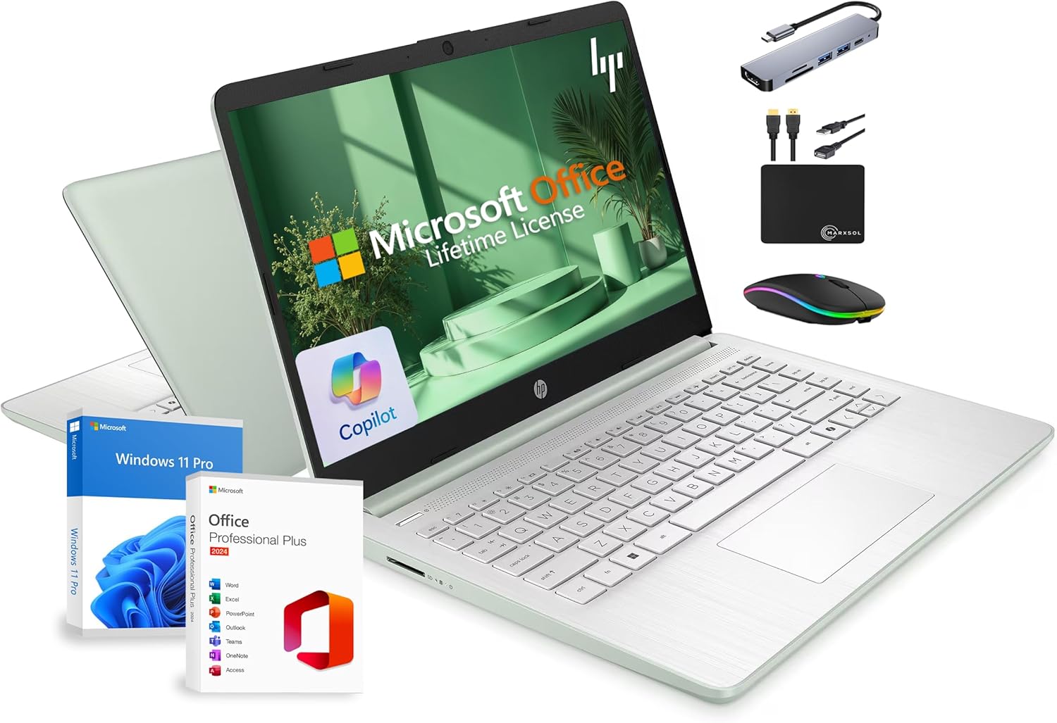 HP 14" Laptop 2025 Business Student Slim Computer  Lifetime MS Office  Copilot AI  Quad-Core Intel CPU  16GB RAM  628GB Storage (128GB UFS+500GB Ext)  MarxsolAccessory  Wi-Fi 6  Win 11 Pro  Green