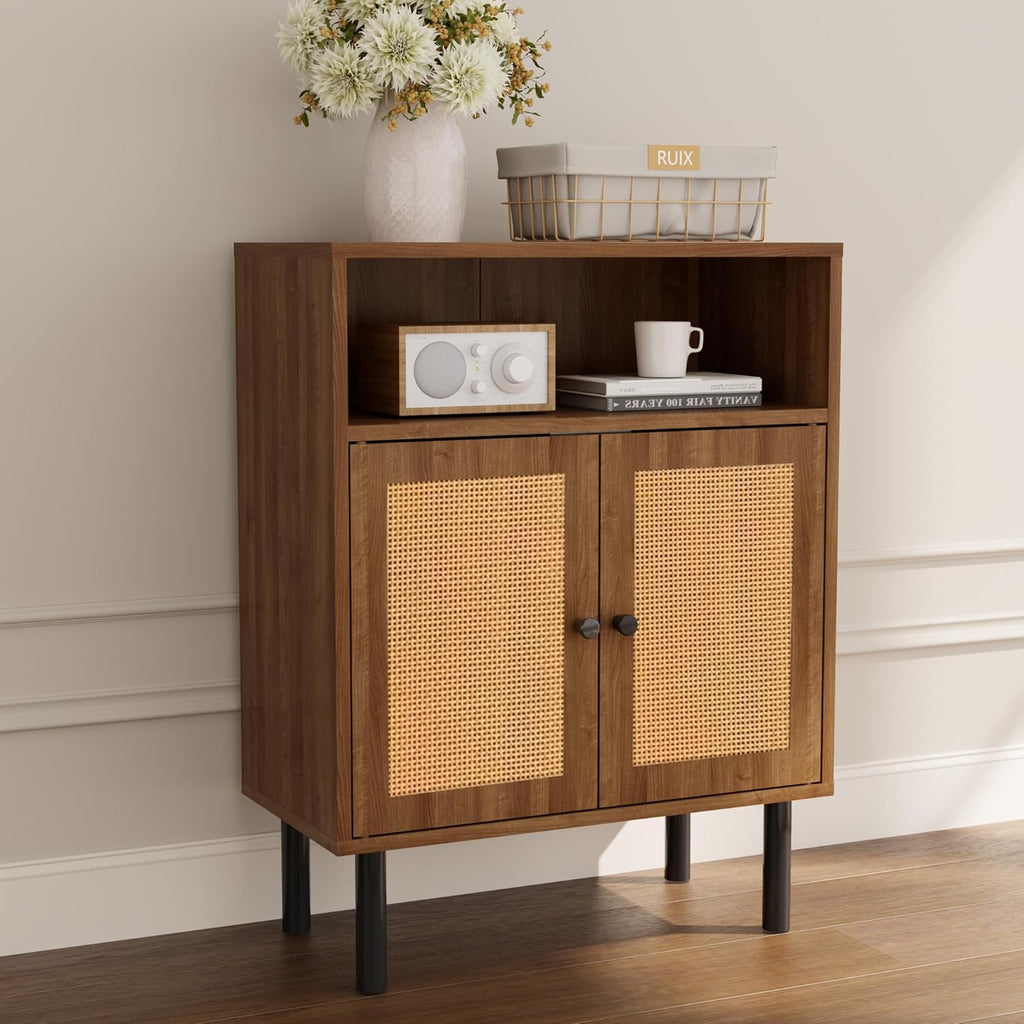 Rattan Storage Cabinet, Boho Accent Cabinet with Double Doors, Small Freestanding Sideboard for Hallway, Laundry Room,Kitchen, Dining Room, Entryway (Walnut)