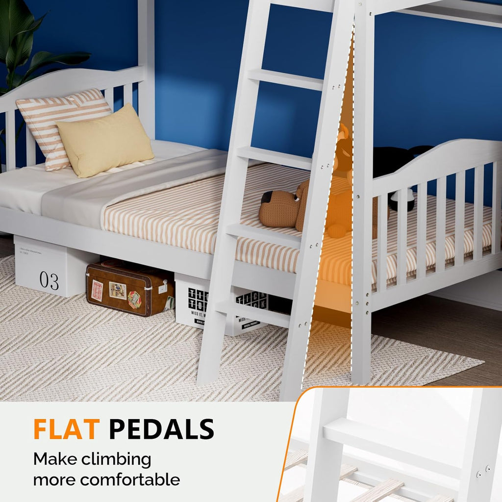 VINGLI Solid Wood Bunk Bed Twin Over Twin Classic, Twin Bunk Beds for Kids and Adults with Full Length Guardrails and Flats Pedals,Easy Assembly,No Box Spring Required,White