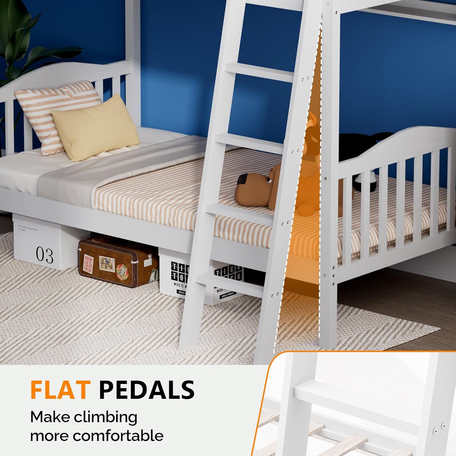 VINGLI Solid Wood Bunk Bed Twin Over Twin Classic, Twin Bunk Beds for Kids and Adults with Full Length Guardrails and Flats Pedals,Easy Assembly,No Box Spring Required,White
