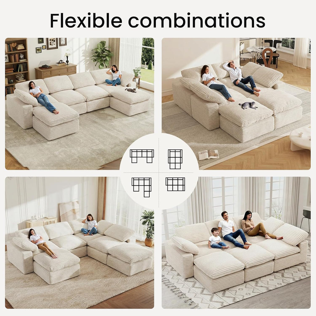 KKL 150" U Shaped Sectional Modular Boneless Sofa, 6 Seater Cloud Couch with Ottoman, Corduroy Sectional Couches for Living Room Bedroom, Beige