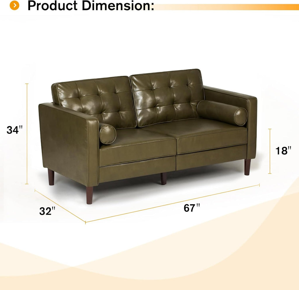 67" Premium Faux Leather 2-Seater Sofa with 2 Bolster Pillows and Tufted Backrest, Mid-Century Modern Loveseat Sofa, Luxury Couch for Living Room, Bedroom, Office, Olive Green