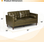 67" Premium Faux Leather 2-Seater Sofa with 2 Bolster Pillows and Tufted Backrest, Mid-Century Modern Loveseat Sofa, Luxury Couch for Living Room, Bedroom, Office, Olive Green