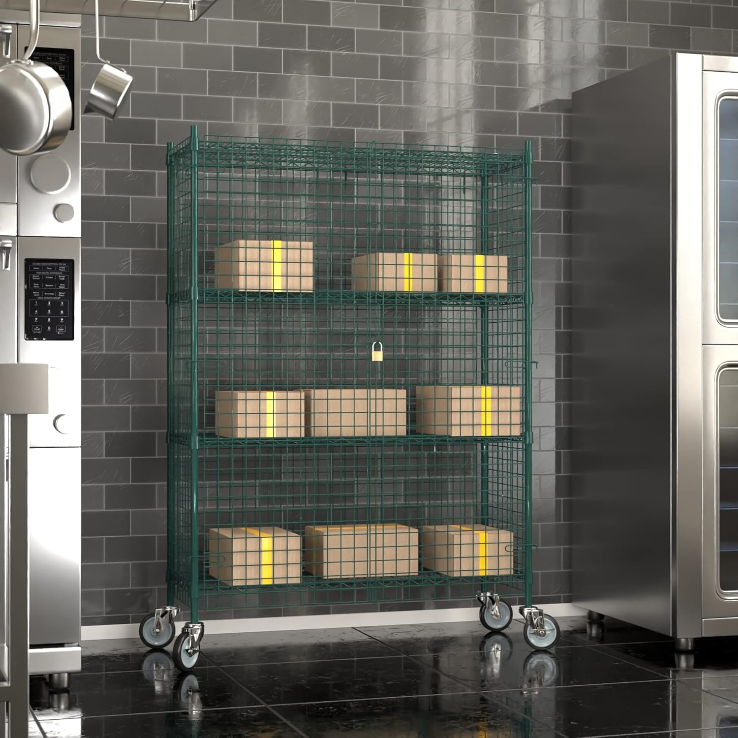 Commercial Grade NSF Listed Metal Wire Mesh Storage Green Epoxy Mobile Security Cage Kit, 18" x 48" x 70", Perfect for Warehouse, Walk-in Refrigerator, Freezer, Grocery Store, Restaurant, Dishroom