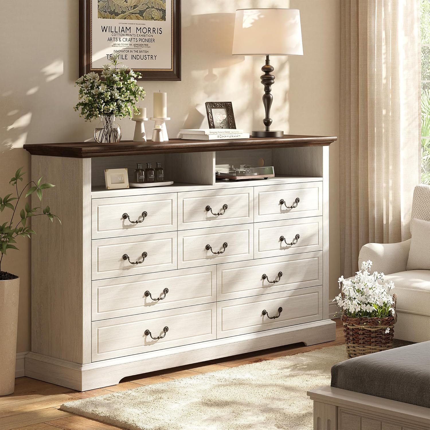EnHomee 10 Drawers Dresser for Bedroom 55.2''Wide Wood Dresser White with LED & Power Outlet Large Space Saver & Chests of Drawers for Hallway, 55.2" W x 39.4" H x15.8 D