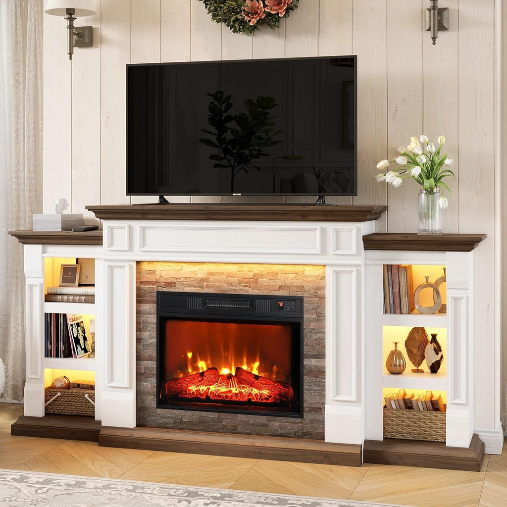 72" Electric Fireplace with Mantel and Cabinets, Fireplace TV Stand for Living Room Bedroom, LED Light, Stacked Stone Surround and Remote Control 3D Realistic Flame
