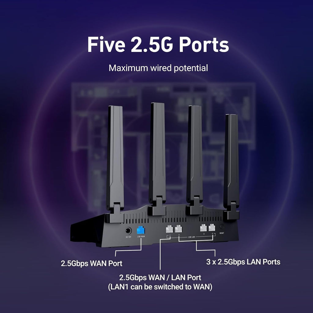 GL.iNet GL-BE9300 (Flint 3) Tri-Band WiFi 7 Router  High-Speed 6GHz Gaming WiFi Router for Wireless Internet  Long Range  5 x 2.5G VPN Routers for Fiber Optic Modem  Computer Routers  Home & Business