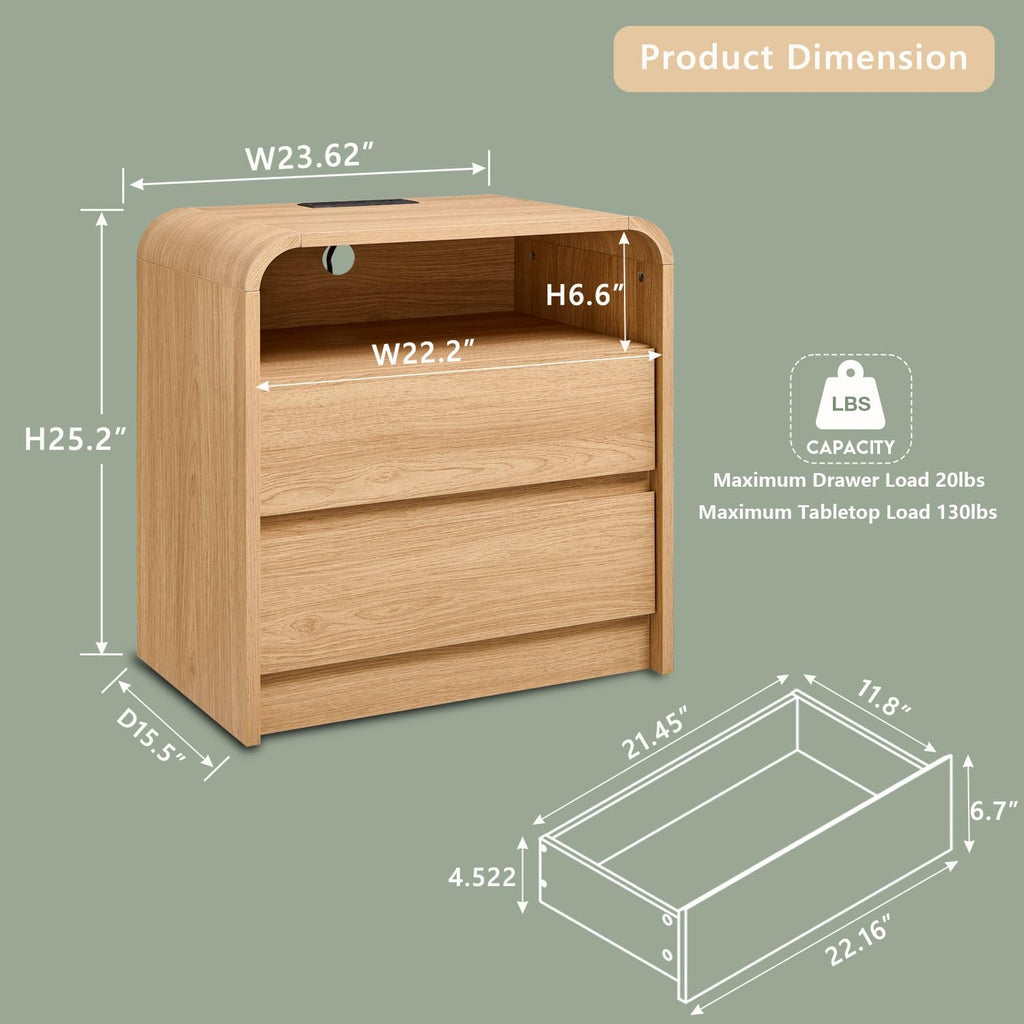 25" Tall Modern Nightstand Set of 2, 23.6'' Wide Wood Bedside Table w/2 Storage Drawers, Charging Station, Mid Century End Table for Bedroom, Living Room,Curved Profile Design, Natural Oak | Modern, Set of 2, Bedside Table, 2 Storage Drawers, Chargin