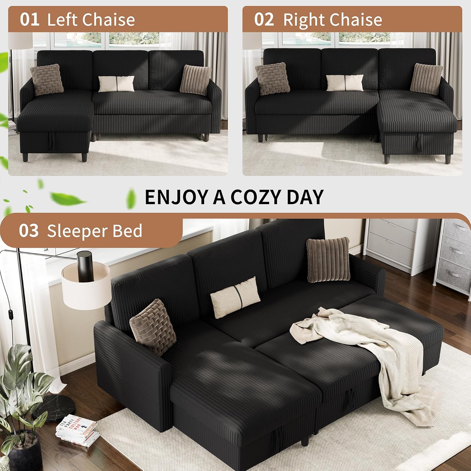 Walsunny Sectional Sofa Couch L Shaped Sleeper Sofa Bed Pull Out Bed with Storage, Reversible Sectional Couches for Living Room, Apartment, Office(Black)