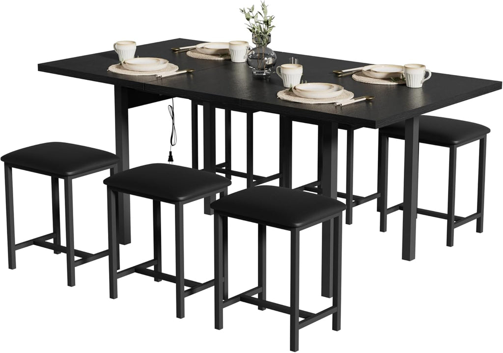 VECELO 7-Piece Dining Table Set with 6 Square Stools, 63" Expandable Kitchen Table with USB Charging & Metal Frame for 2/4/6, Wood Dinette Perfect for Small Spaces, Easy Assembly, Black