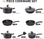 MAISON ARTS Pots and Pans Set Non Stick, 12 Piece Black Granite Kitchen Cookware Induction Compatible, Pot and Pan Sets for Cooking Nonstick
