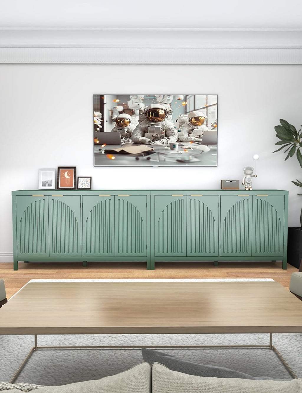 58" Modern Fluted Sideboard Buffet Cabinet with Storage, Modern Credenza with Arched Doors, Coffee Bar Table, Wood Media TV Console Table Credenza for Living Room Hallway Entryway (Green)