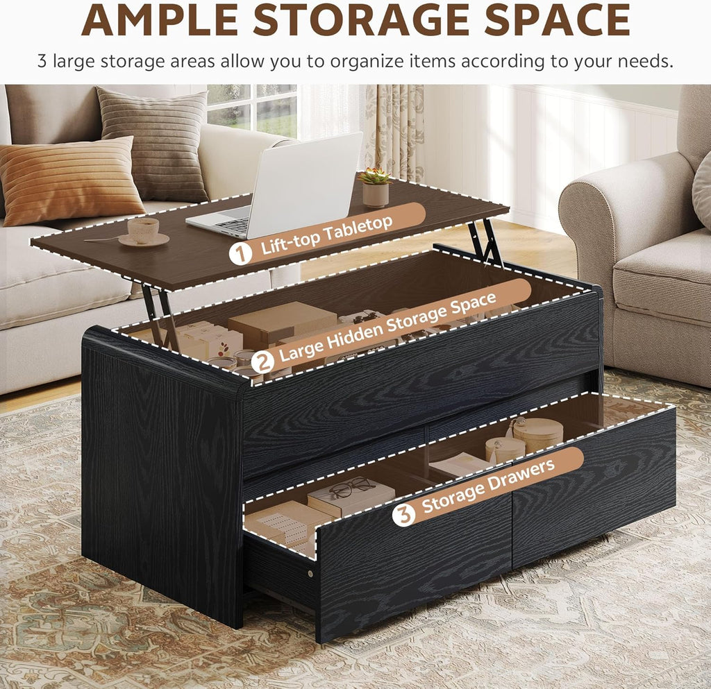 Coffee Table Lift Top with 2 Drawers, 40 Inch Multi-Function Coffee Table with Hidden Compartment, Curved Profile Design, Converts to Home Office Table for Living Room, Black