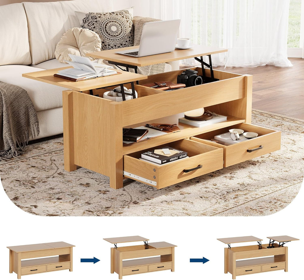GarveeHome Coffee Table Lift Top, Convertible Coffee Table with Wooden Lift Tabletop, 2 Drawers and Hidden Compartment, Central Table with Storage for Living Room Home Office, Natural