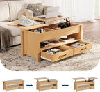 GarveeHome Coffee Table Lift Top, Convertible Coffee Table with Wooden Lift Tabletop, 2 Drawers and Hidden Compartment, Central Table with Storage for Living Room Home Office, Natural