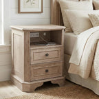 24" Greige Oak Nightstand with Charging Station, Set of 2 Rustic Farmhouse Bedside Table with 2 Drawers and Open Shelf, Distressed Wood End Table with Outlets and USB Ports
